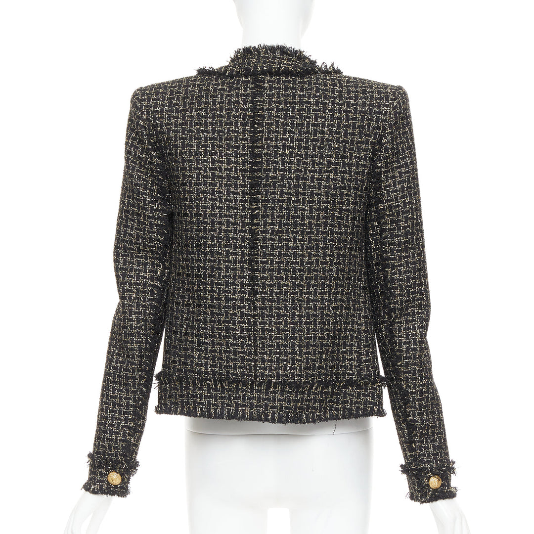 BALMAIN black gold tweed gold lion head buttons power jacket FR34 XS
