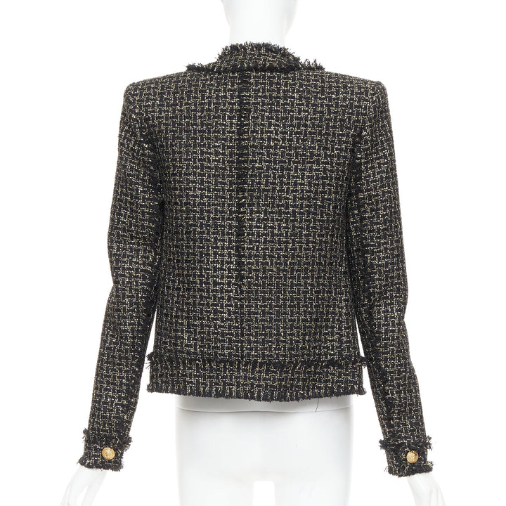 BALMAIN black gold tweed gold lion head buttons power jacket FR34 XS