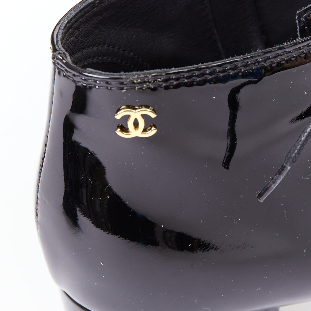 CHANEL 15A Paris-Salzburg Runway black patent gold CC lace-up ankle booties EU39