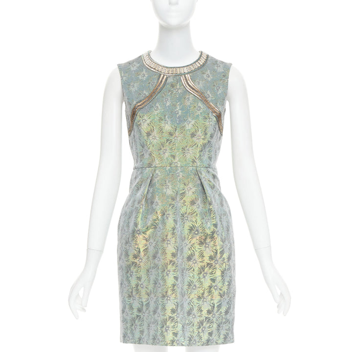 MATTHEW WILLIAMSON green iridescent gold bullet bead sheath dress UK8 S