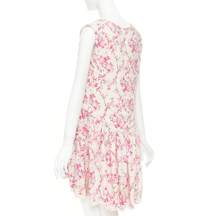 BALENCIAGA 2010 beige pink silk plum blossom floral ruched mini dress FR36 S