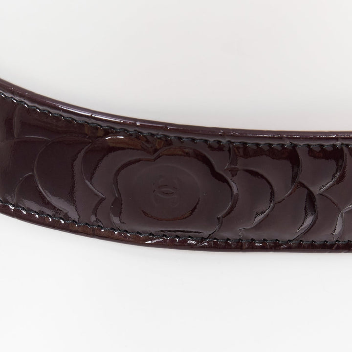 CHANEL black patent leather matte gold-tone CC buckle camellia belt 95cm