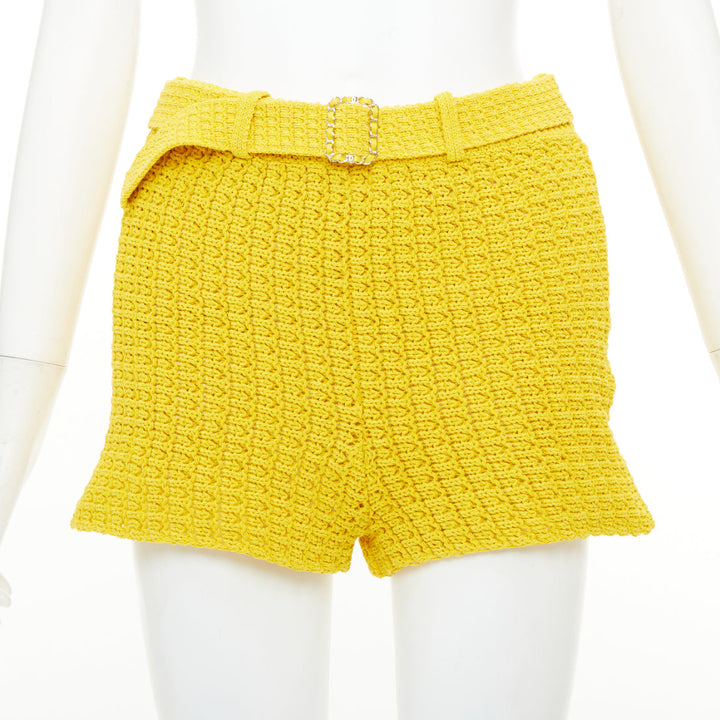CHANEL 25C Runway yellow textured openwork knit belted shorts FR34 XS