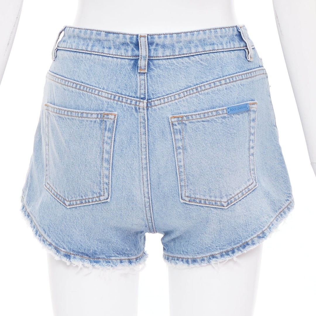 DOLCE GABBANA washed blue logo tag cut off high rise shorts IT38 XS