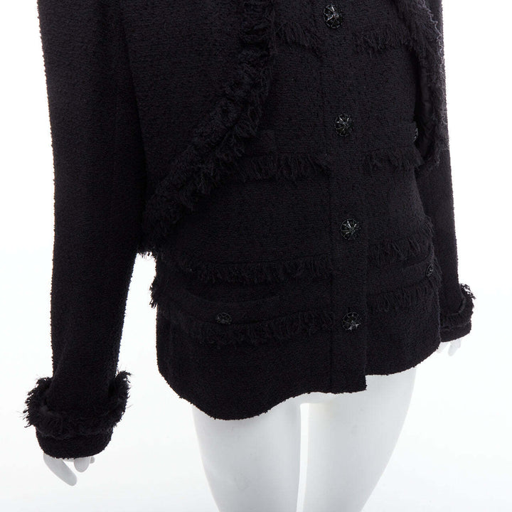 CHANEL 08A Runway black tweed braided fringe tromp loeil 4 pocket jacket FR46