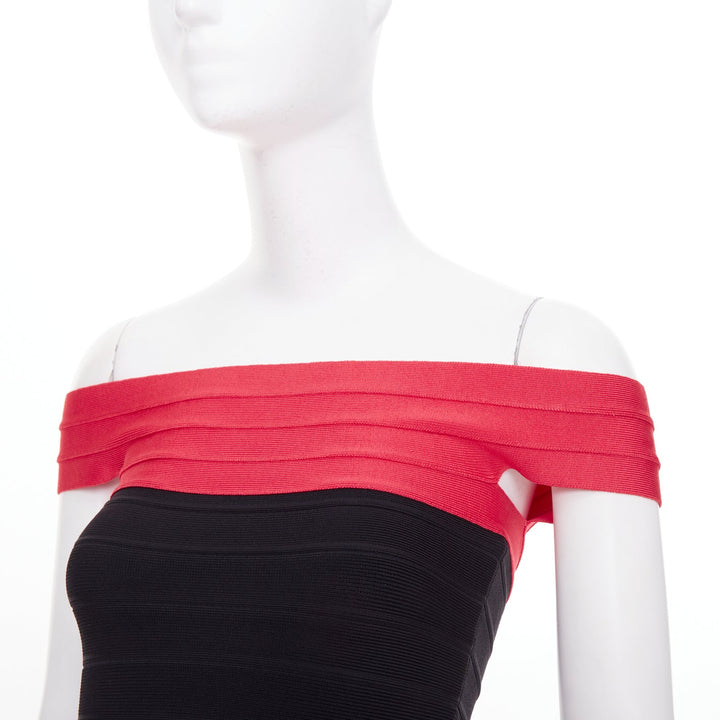 HERVE LEGER red colorblock off shoulder bandage bodycon cocktail dress XXS