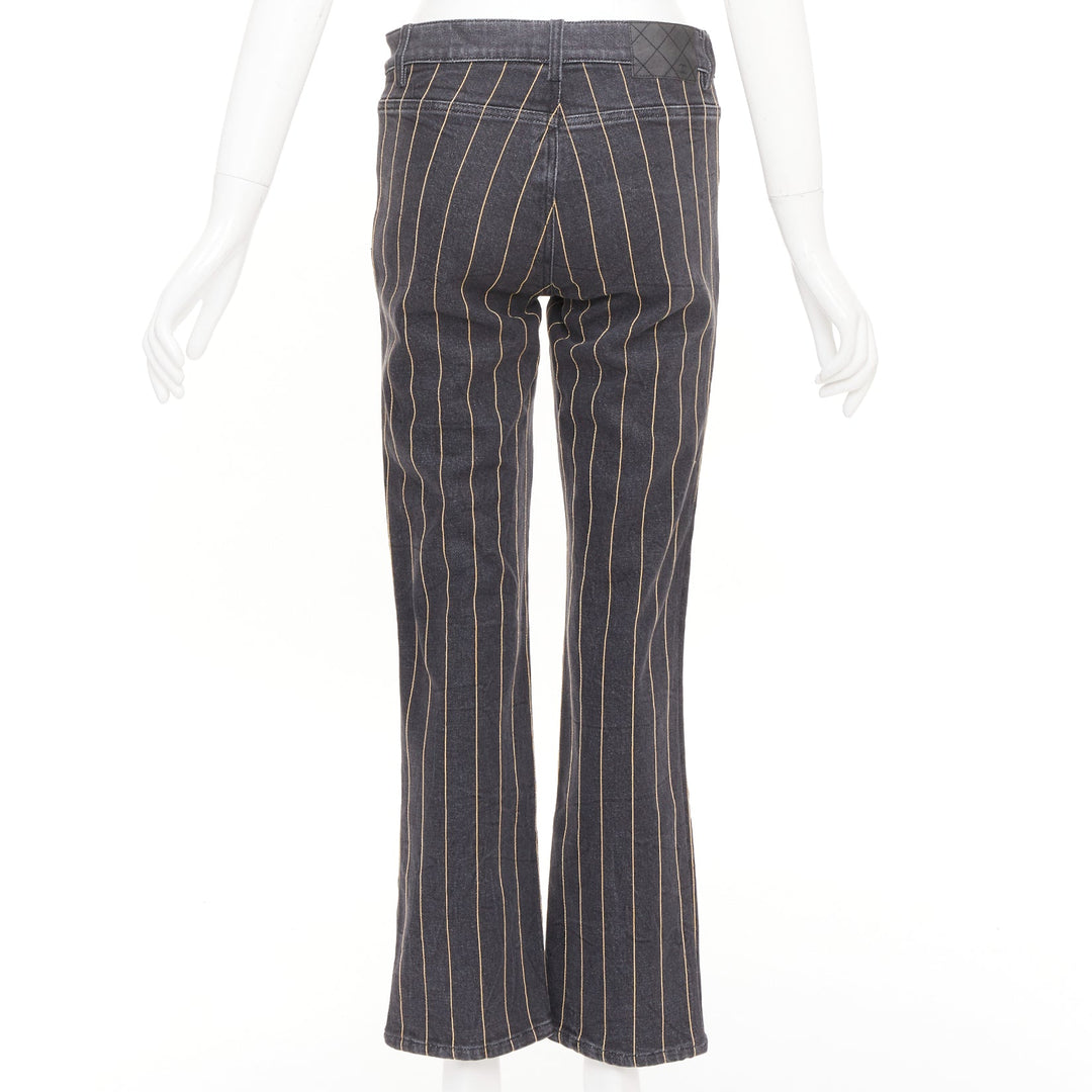 CHANEL washed dark gray gold chain trim bronze cc button straight jeans FR38 M