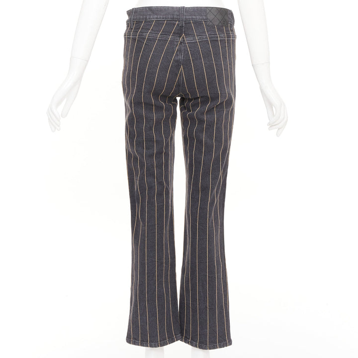 CHANEL washed dark gray gold chain trim bronze cc button straight jeans FR38 M