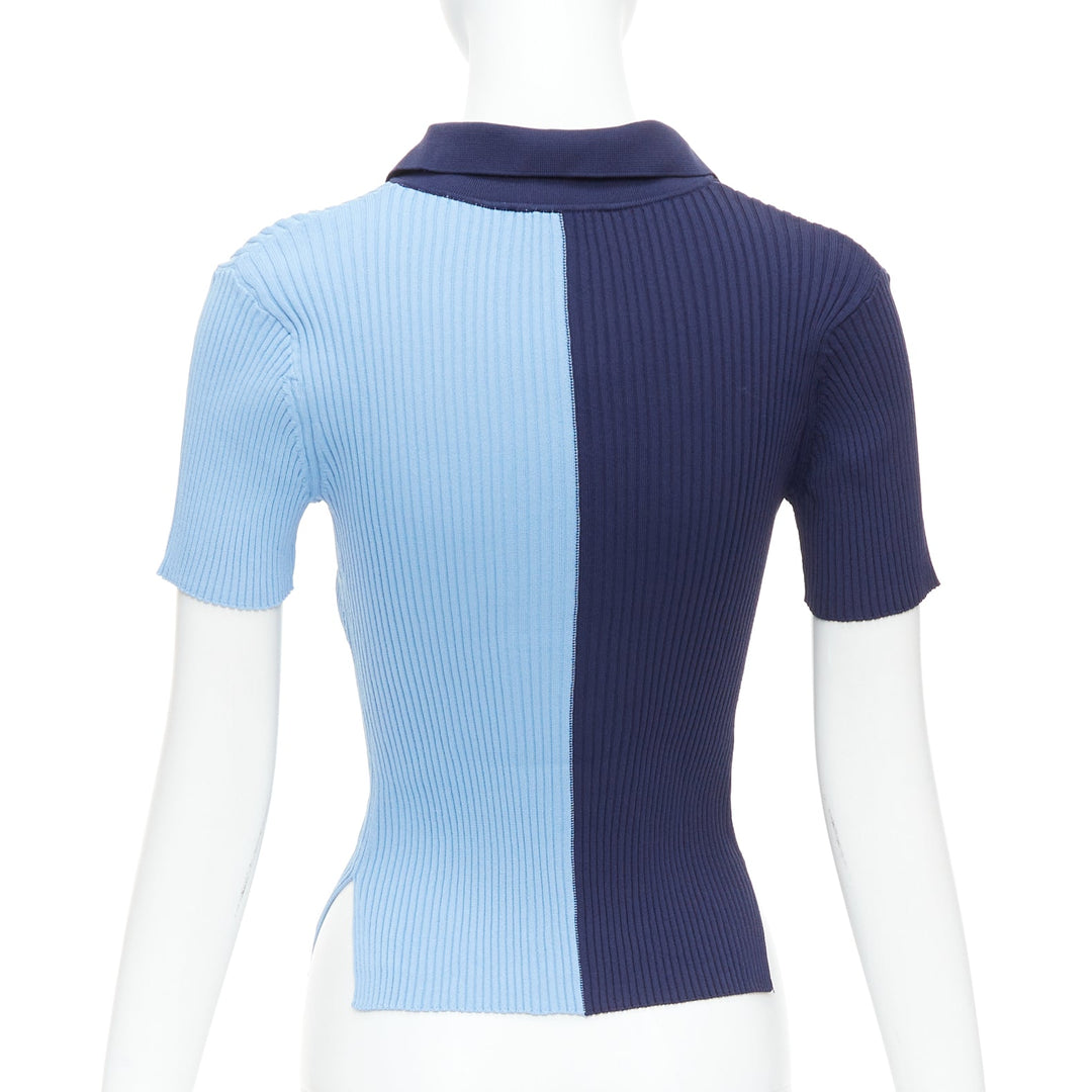 STAUD Brice blue bicolor ribbed side slits fitted polo top M