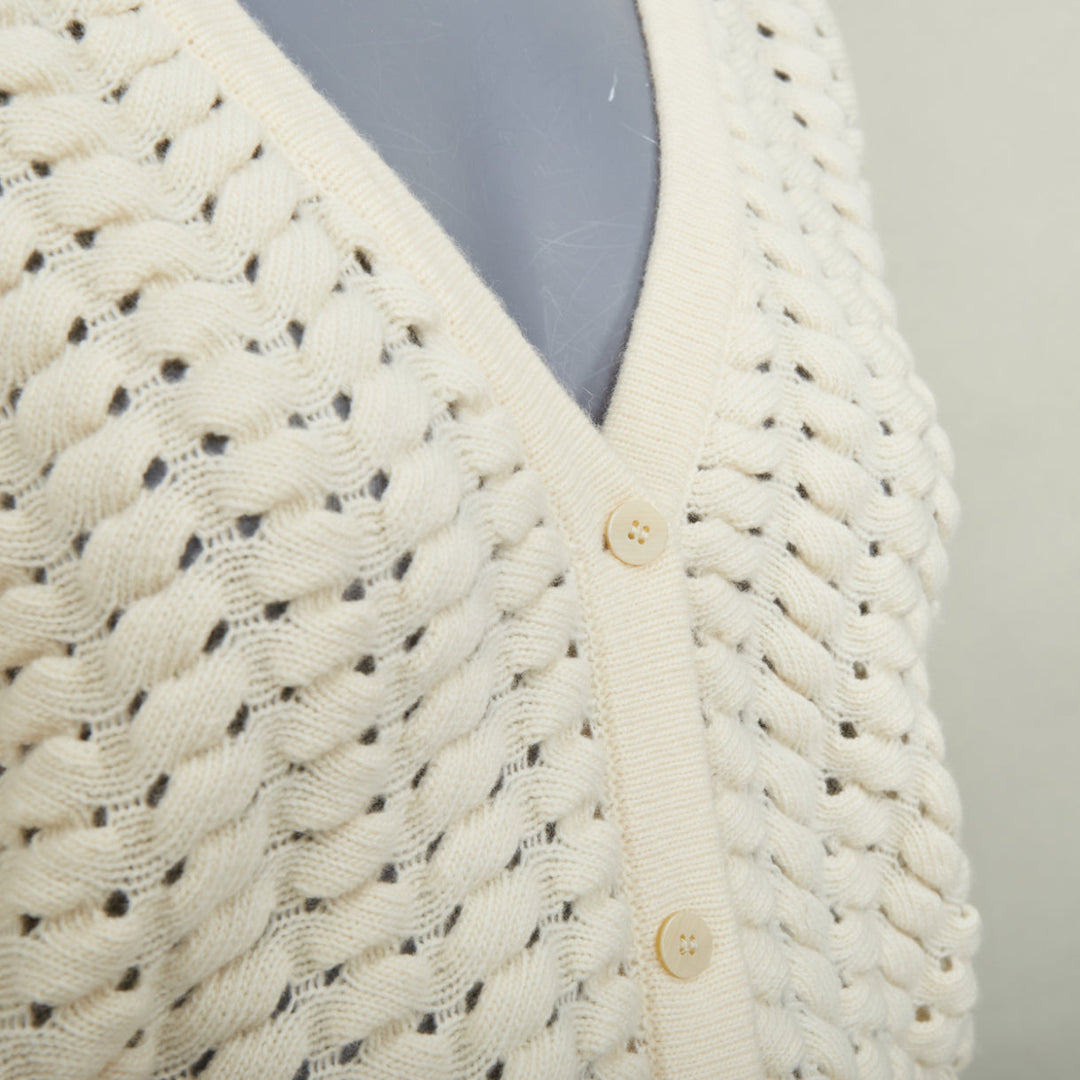 THEORY cream white wool cashmere open knit cable cropped knit cardigan S