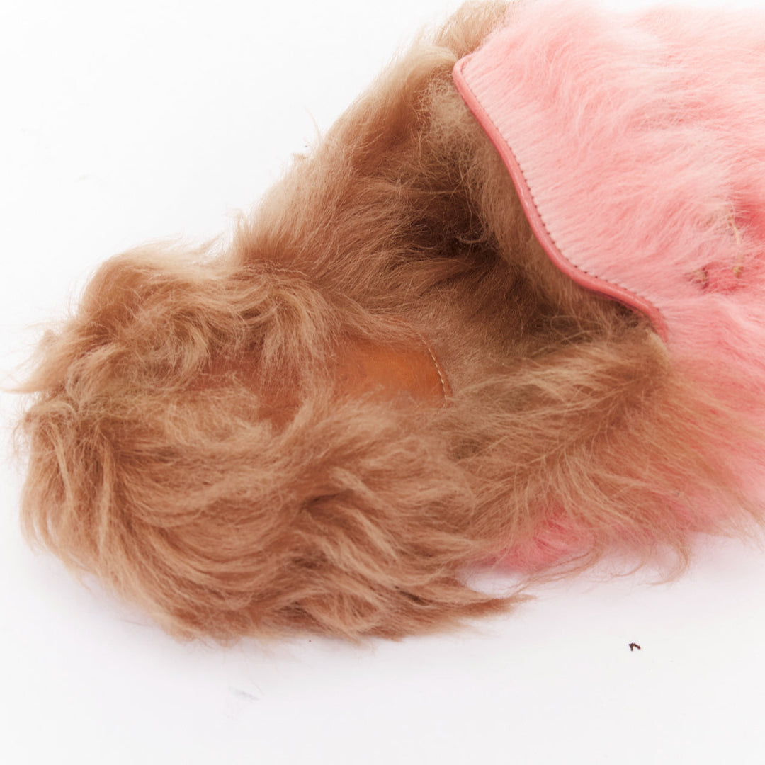 GUCCI Princetown pink brown  fluffy fur gold horsebit slip on loafer mule EU36