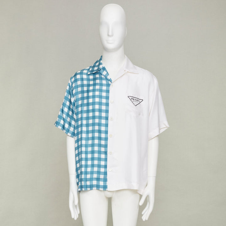 PRADA 2023 Double Match Vichy Split Gingham Check white silk bowling shirt S