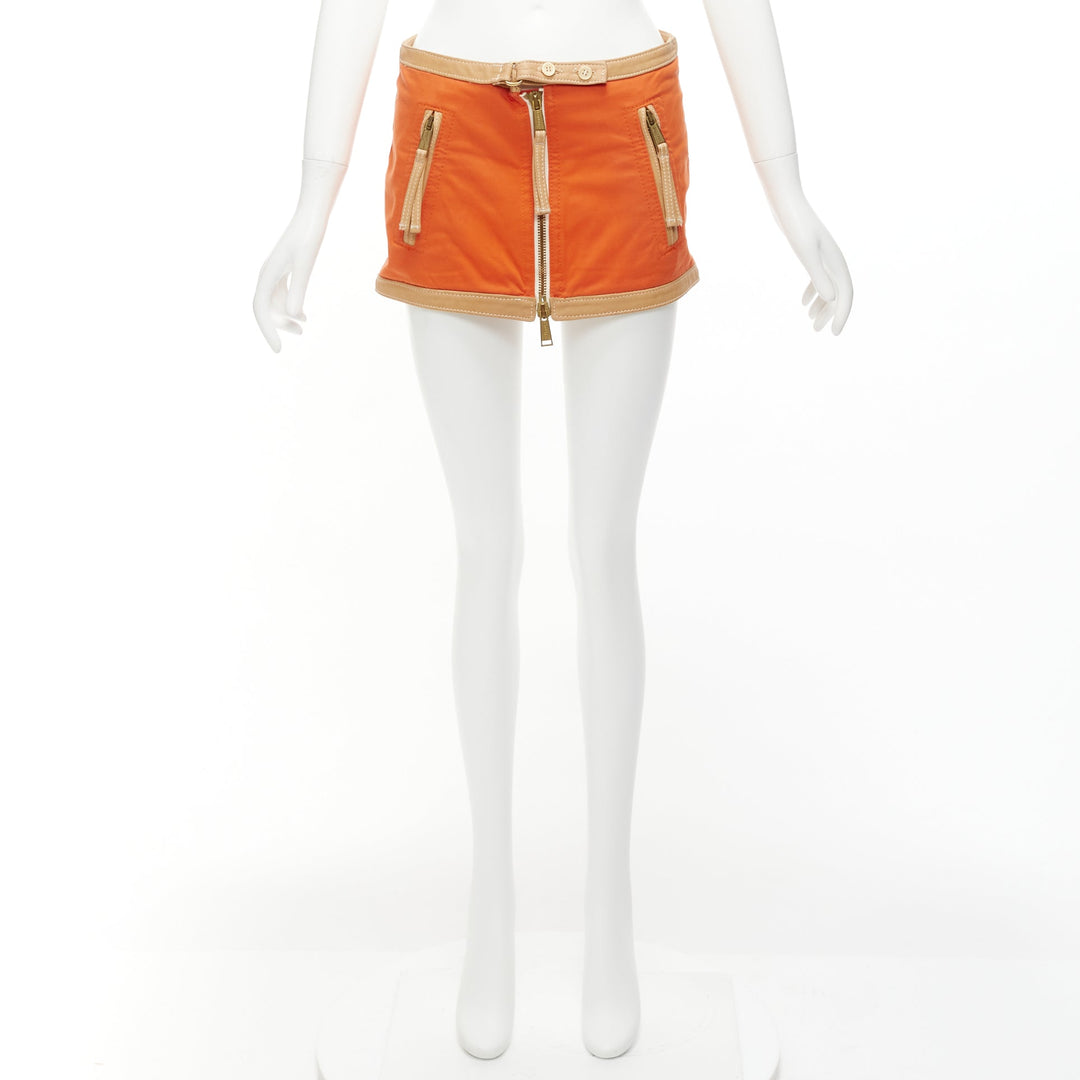 DSQUARED2 orange beige canvas leather zip front pocket mini skirt IT38 XS