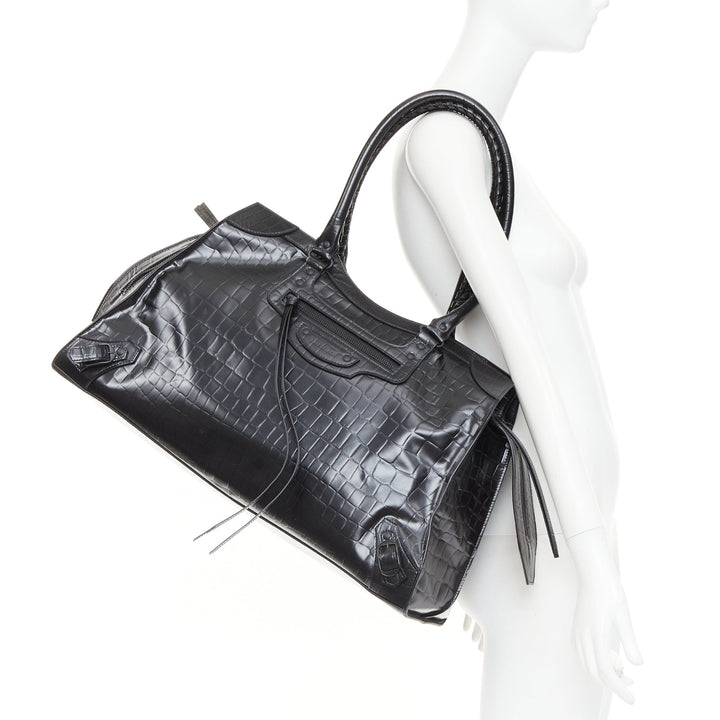 BALENCIAGA 2021 Neo Classic City black matte croc embossed leather satchel bag