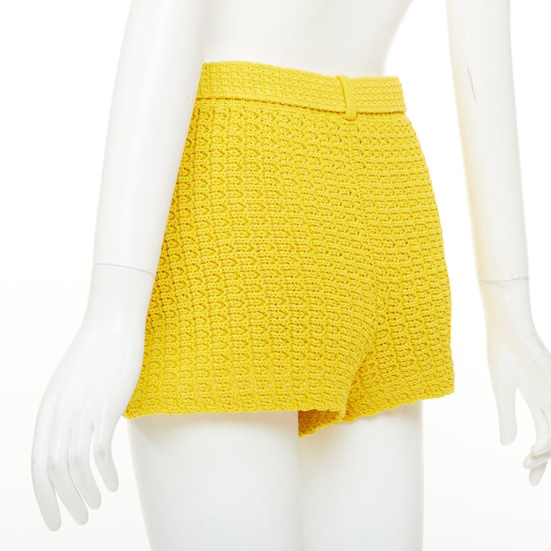 CHANEL 25C Runway yellow textured openwork knit belted shorts FR34 XS