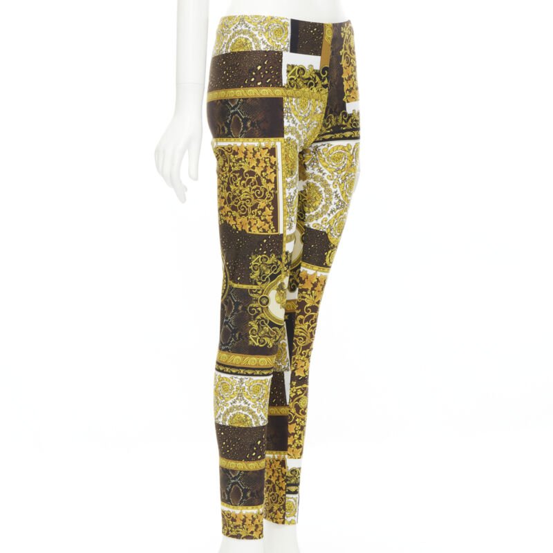 VERSACE Mosaic Barocco black brown scaled leather stretchy leggings IT42 M