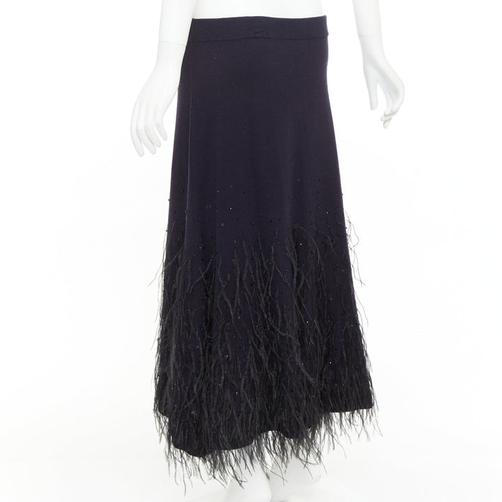 MICHAEL KORS COLLECTION navy knit black ostrich feather sequin embellished skirt