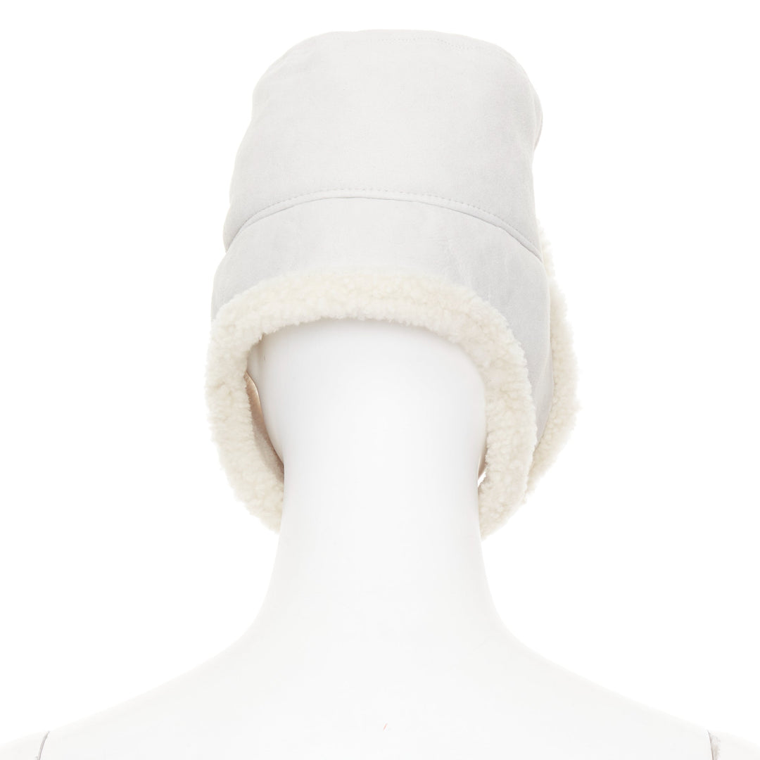HERMES Mouton Moelluex light grey lambskin suede shearling trapper hat 56cm