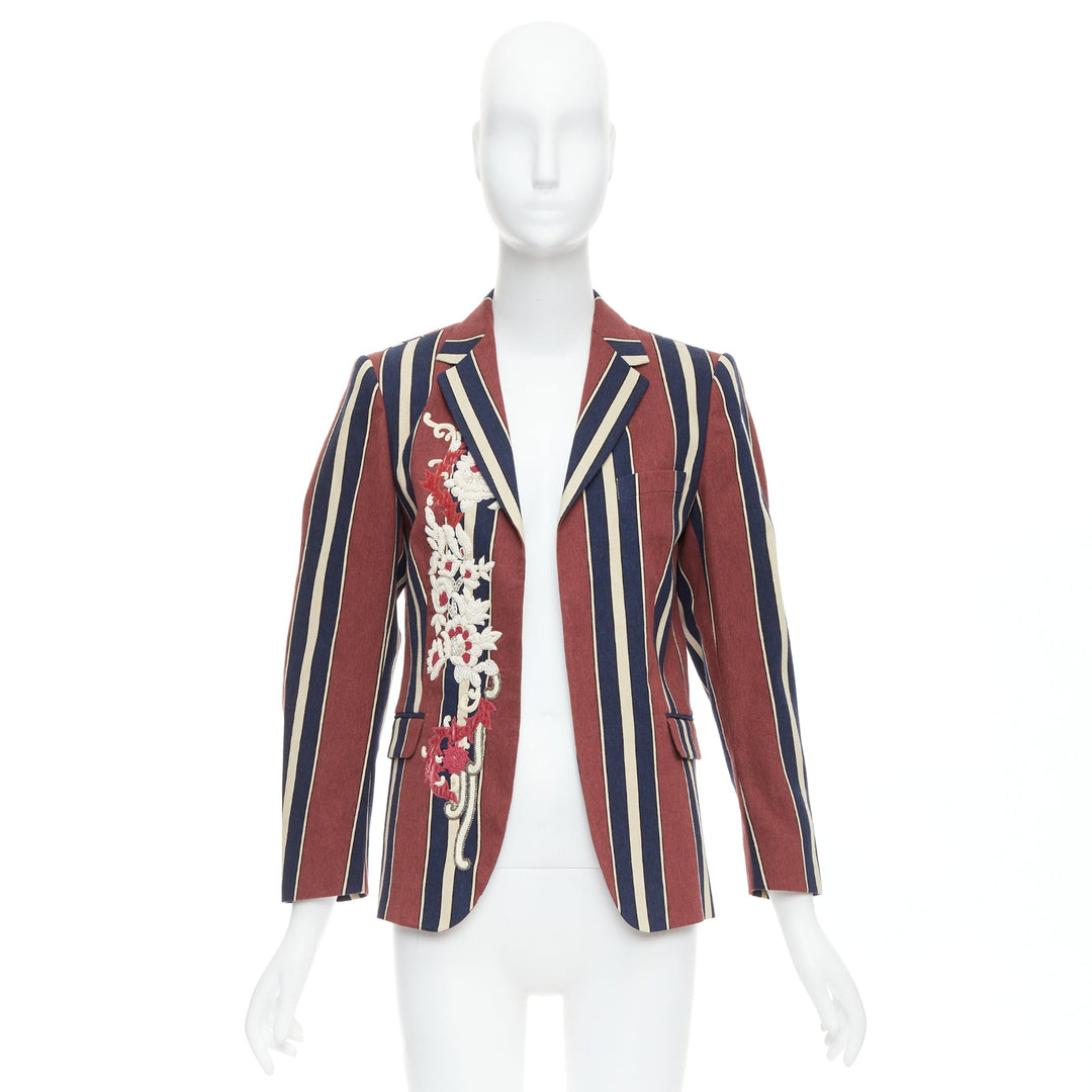 DRIES VAN NOTEN burgundy navy striped floral beaded wool linen blazer FR36 S