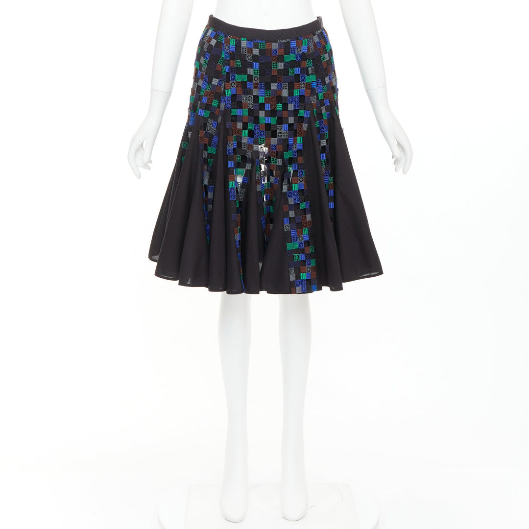 SACAI 2016 blue green square eyelet embroidery cotton blend flared skirt JP1 S