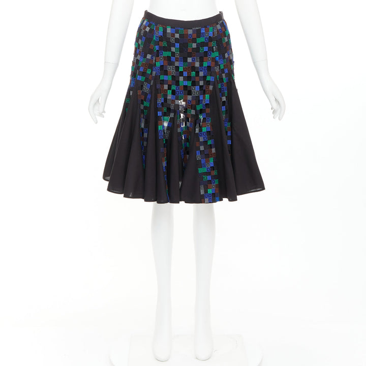 SACAI 2016 blue green square eyelet embroidery cotton blend flared skirt JP1 S