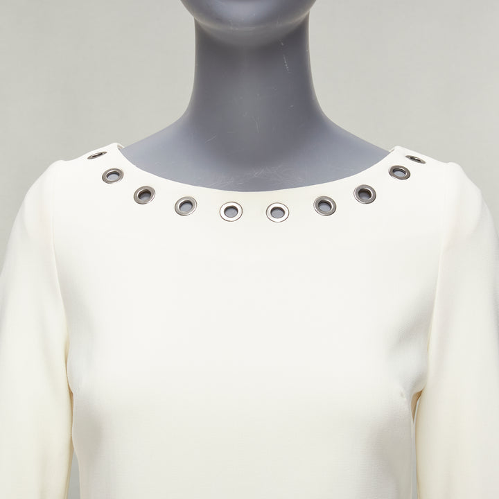CELINE Vintage grommet detail cream crepe bell sleeve mini shift dress