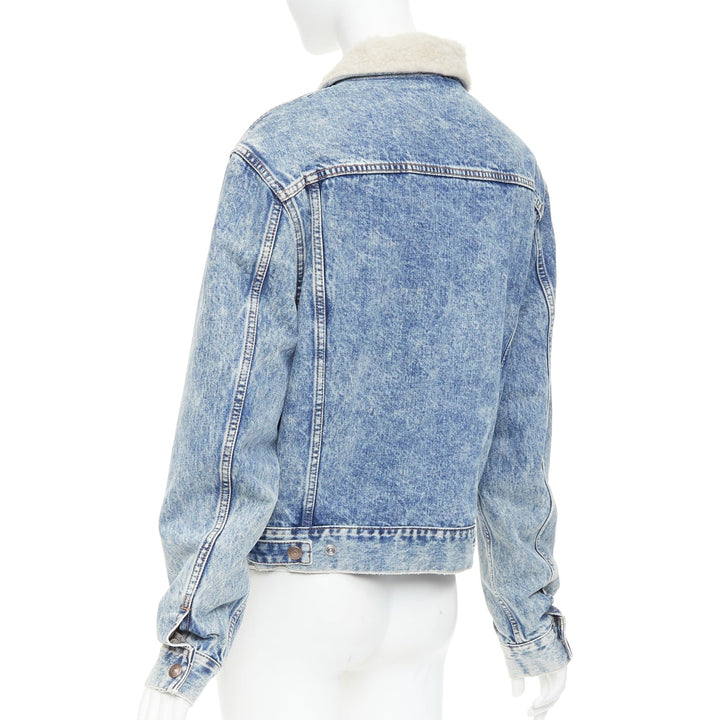 CELINE 2021 Hedi Slimane bleached denim cream shearling lined trucker jacket XS