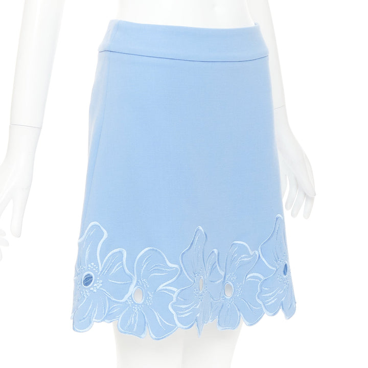 CHRISTIAN DIOR powder blue wool crepe floral cutout embroidered hem skirt FR38 M