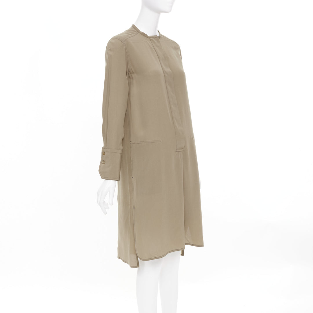HERMES khaki tan covered button silk band collar long sleeve shift dress FR34