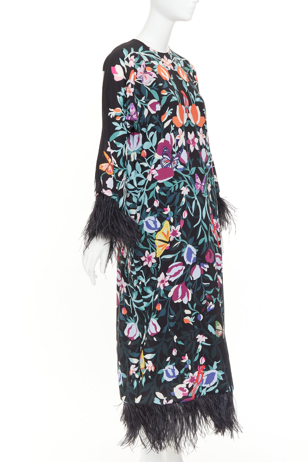 VALENTINO 2021 Runway black floral butterflies feather cuff maxi dress IT40 S