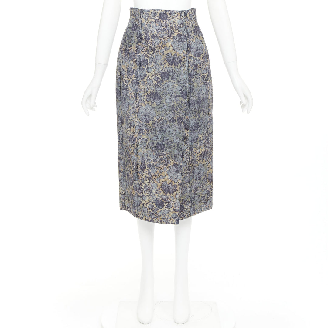 DIOR Brocart blue beige floral brocade denim knee skirt FR36 S