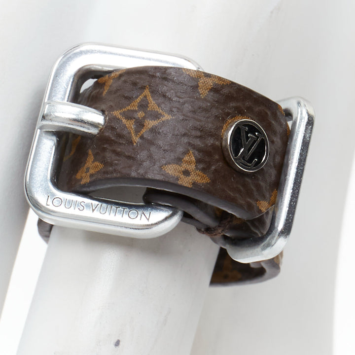 LOUIS VUITTON brown LV monogram canvas silver buckle ring