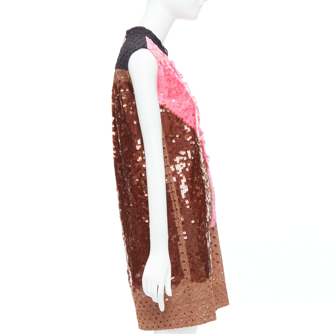 rare LOUIS VUITTON pink brown colorblock sequin embroidery anglais dress FR34 XS