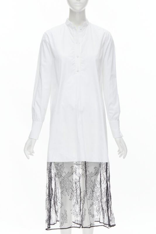 VALENTINO white cotton black floral lace hem shirt dress IT36 XS