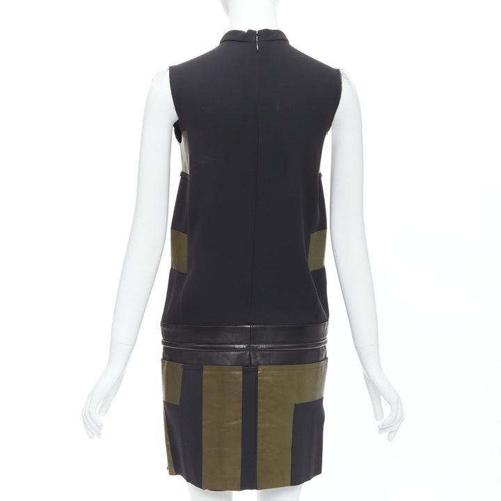 OLD CELINE Phoebe Philo khaki black leather silk stripe dress FR36 S