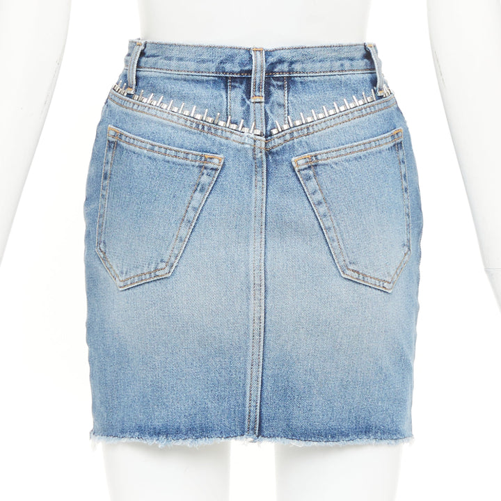 SAINT LAURENT 2016 blue washed denim studded waistband mini skirt 25"