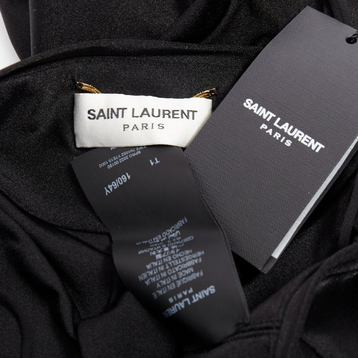 SAINT LAURENT 2022 Runway black gold metal brooch halter cutout jumpsuit Sz.1 XS