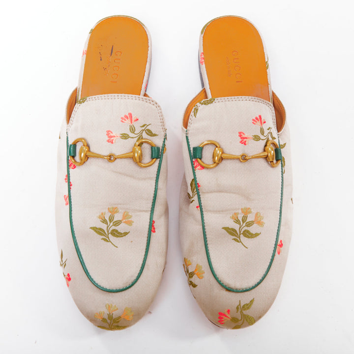 GUCCI Princetown grey floral jacquard gold horsebit mule loafer EU38