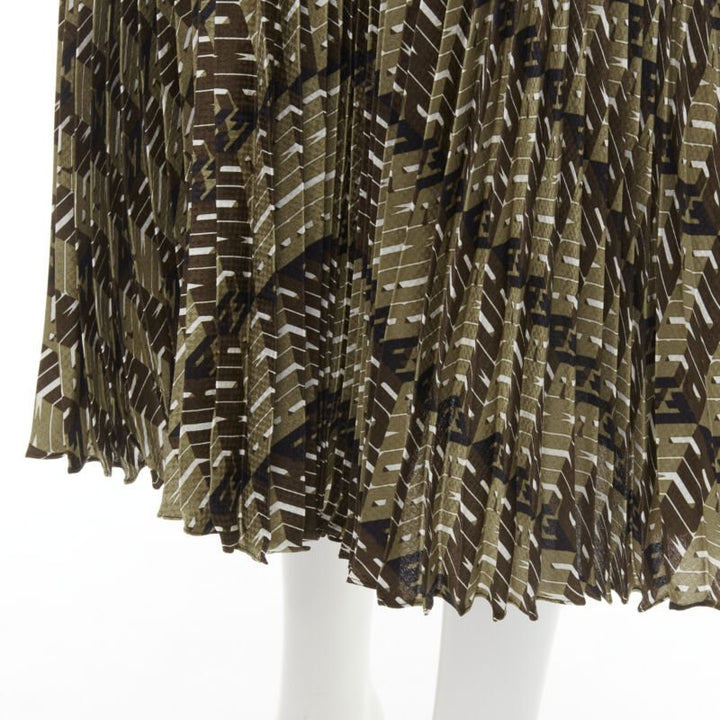 FENDI Roma Amor brown gold graphic print pleated plisse silk skirt IT42 M