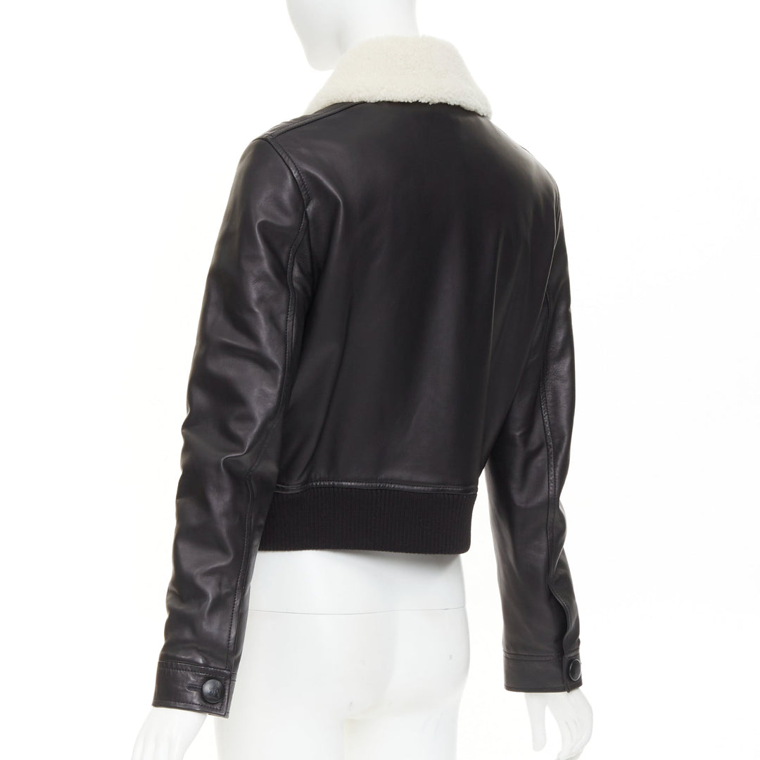 LANVIN 2021 black lambskin leather shearling collar crop aviator bomber FR38 M