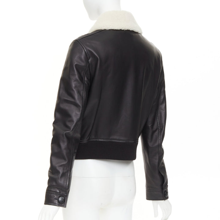 LANVIN 2021 black lambskin leather shearling collar crop aviator bomber FR38 M