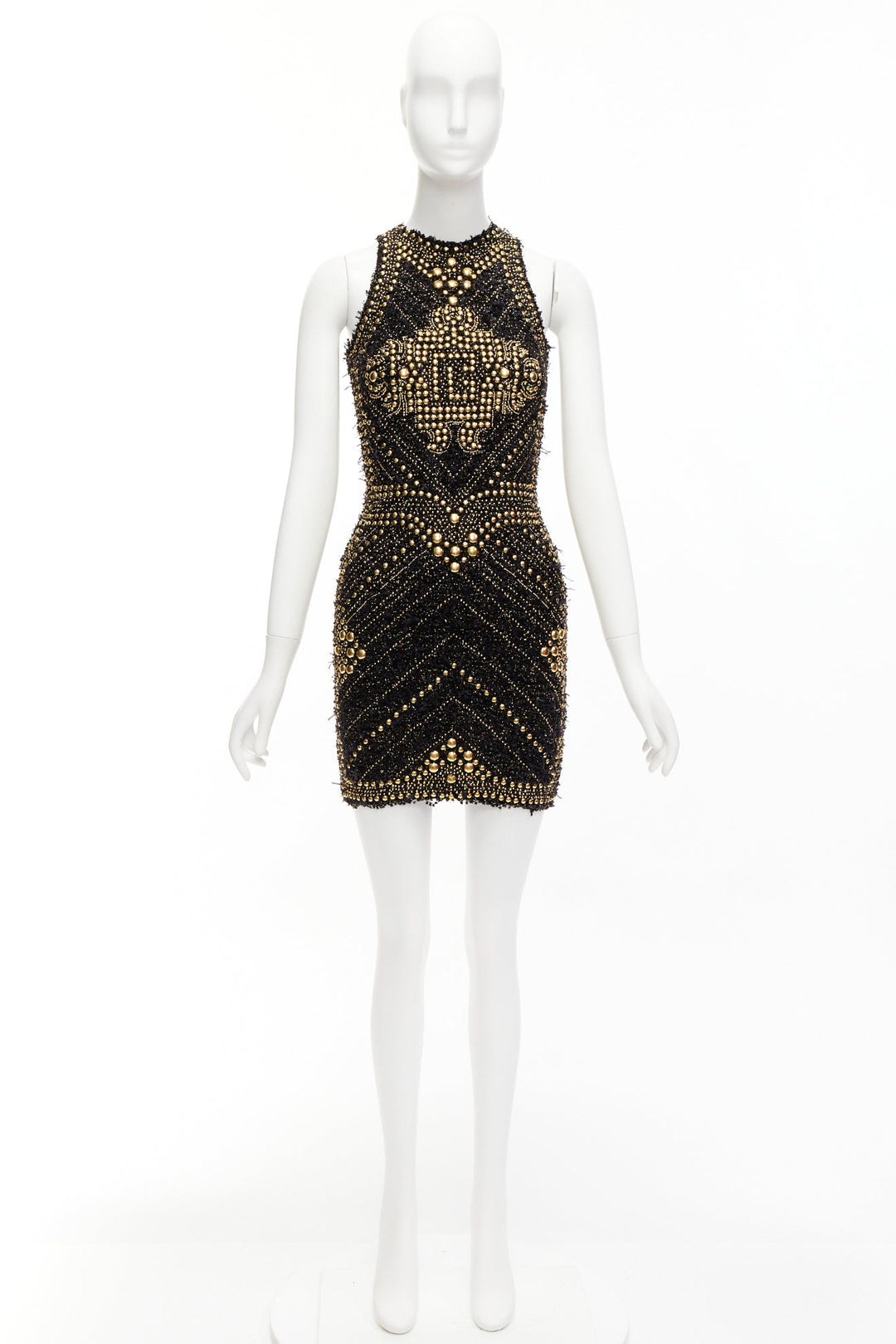 BALMAIN  2022 gold black boucle tweed gold stud embellished Labyrinth dress FR34