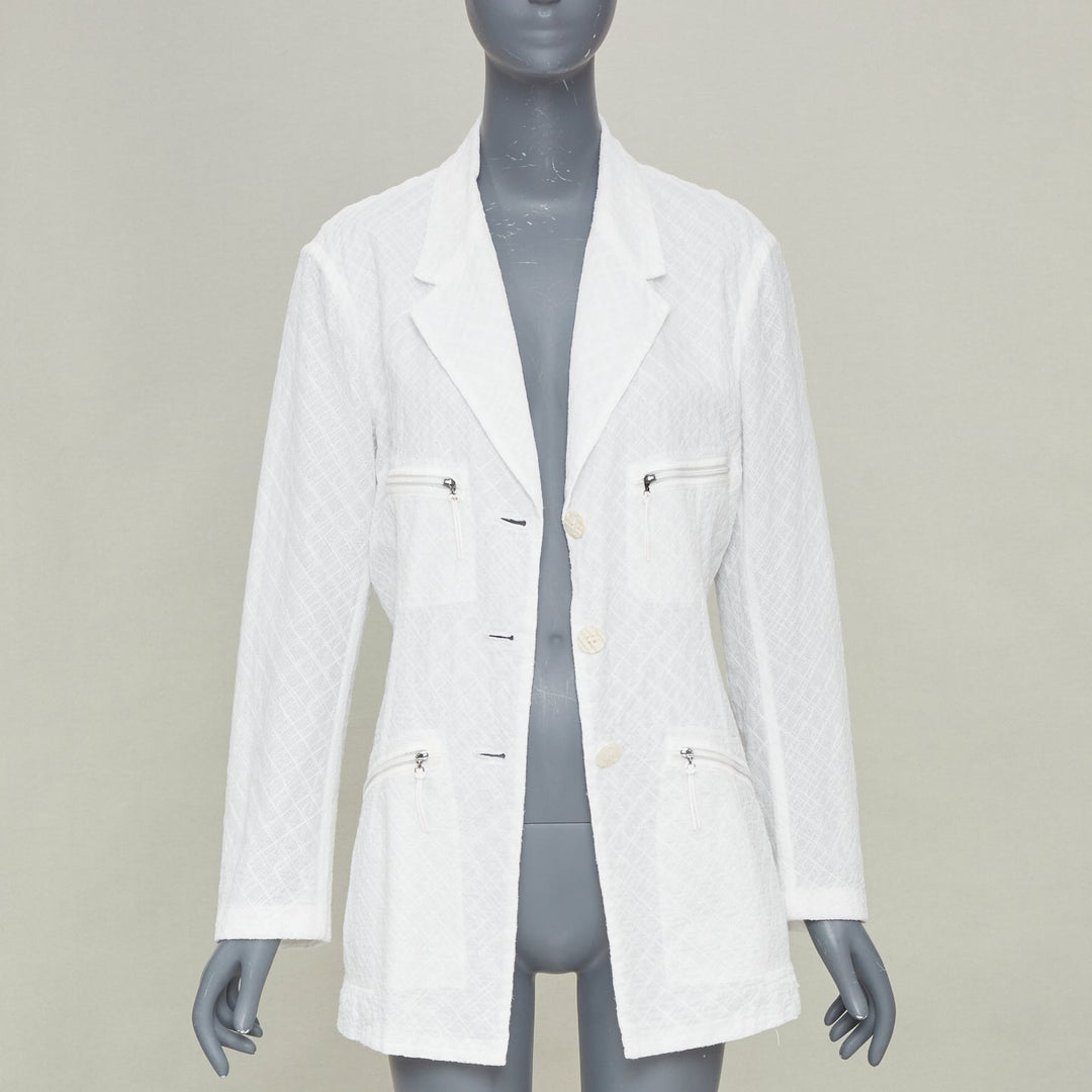 ISSEY MIYAKE Vintage white lattice grid stitch zippered pocket cotton jacket L