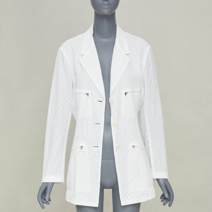 ISSEY MIYAKE Vintage white lattice grid stitch zippered pocket cotton jacket L
