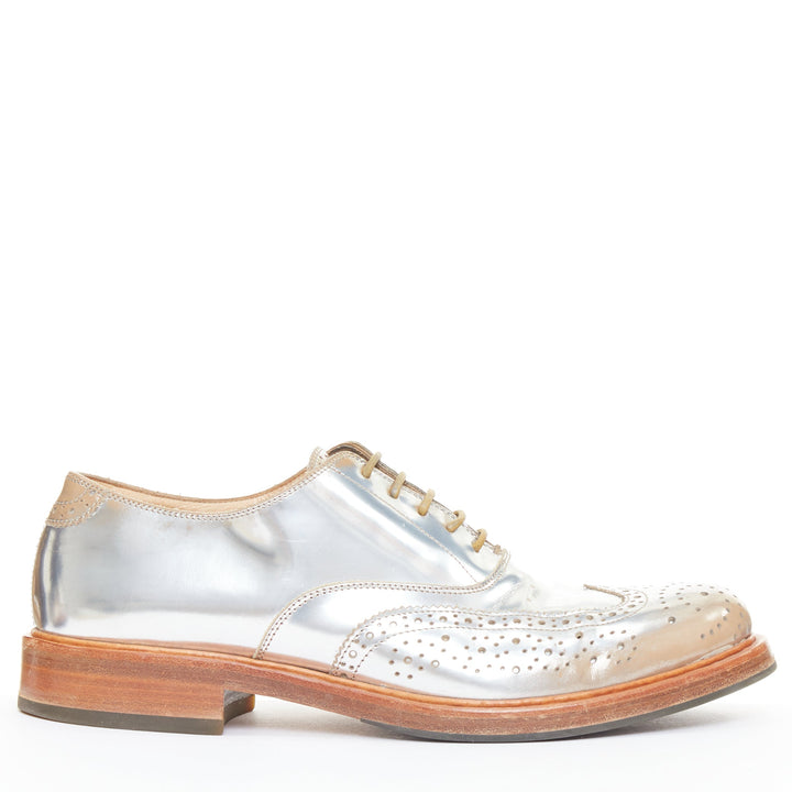 ALEXANDER MCQUEEN distressed silver leather perforated wingtip brogue shoes EU43