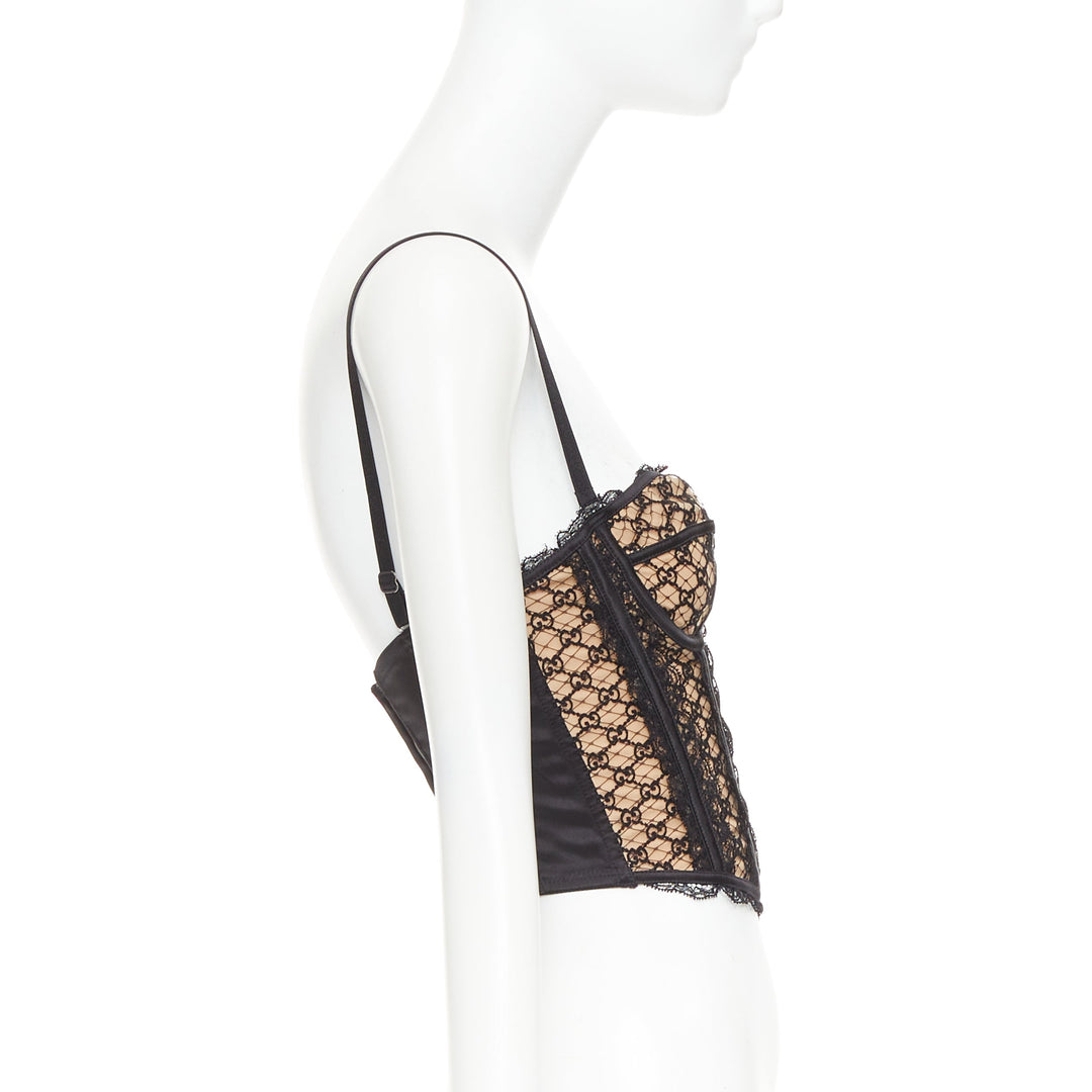 GUCCI 2022 Runway Aria black beige GG monogram net lace corset bustier top M
