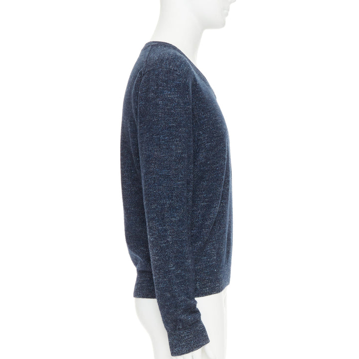 GUCCI navy wool silk cashmere melange V neck GG logo charm sweater L
