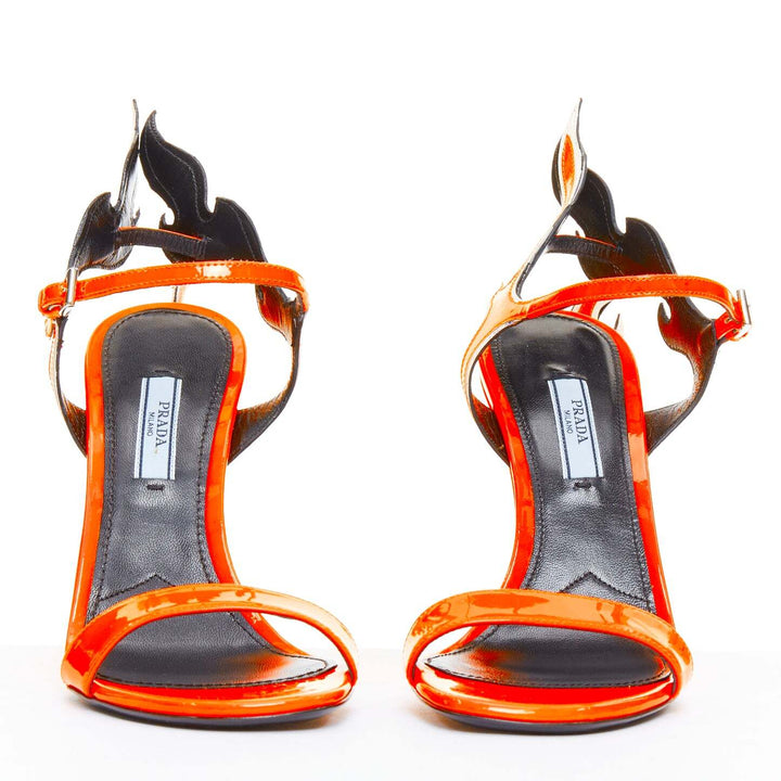 rare PRADA 2018 Flame Wedge neon orange patent Fire heel sandal EU37.5