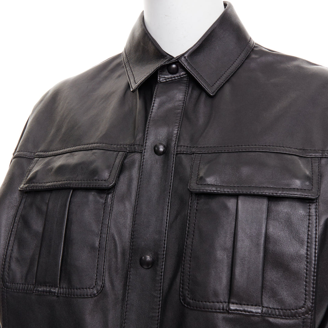 SAINT LAURENT 2018 black lambskin leather low waist safari shirt dress FR36 S