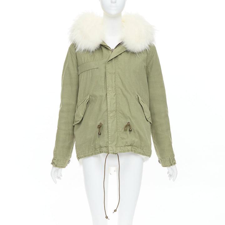MR AND MRS ITALY  white fur lined hooded military green parka coat XXS